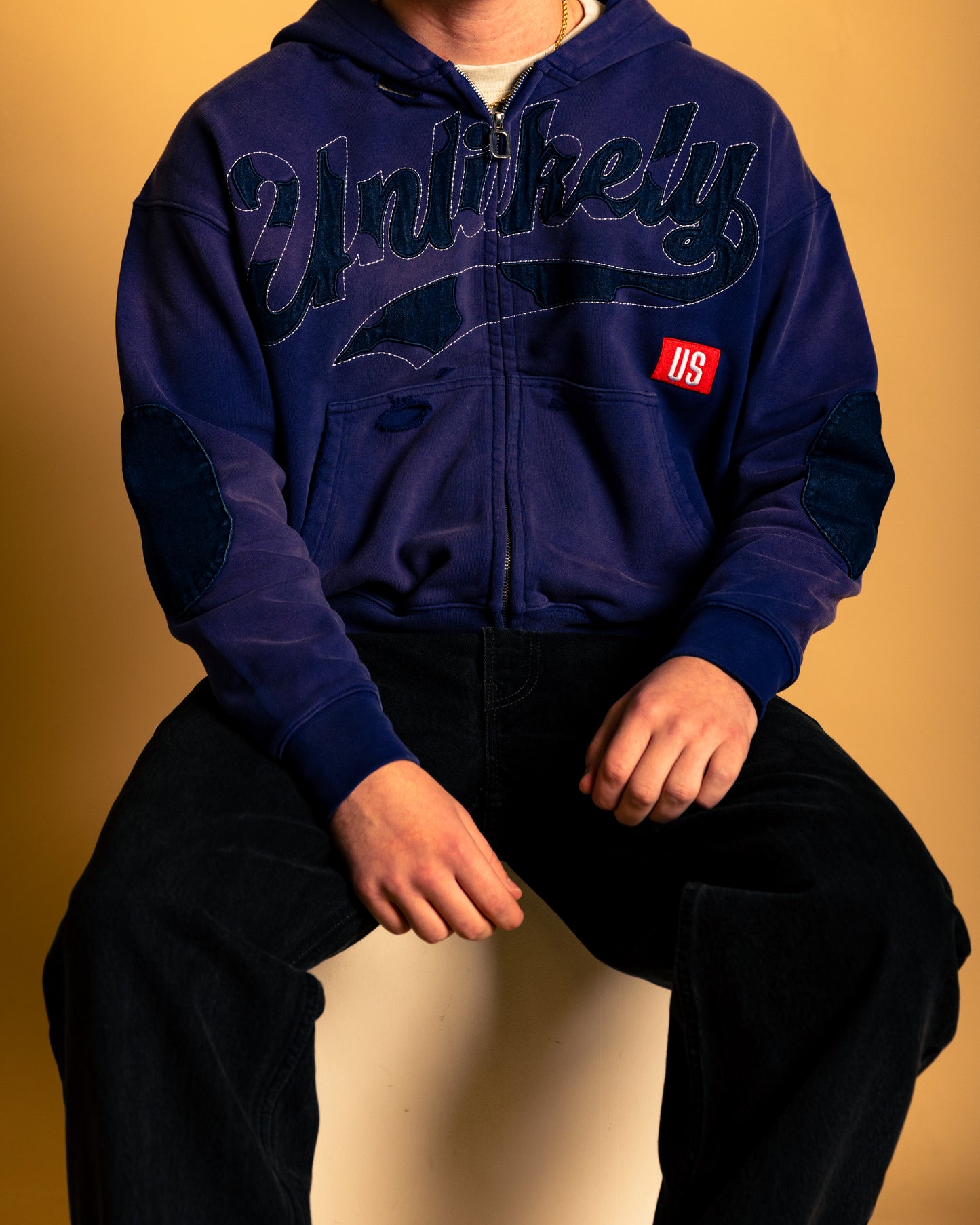 purple denim patch jacket